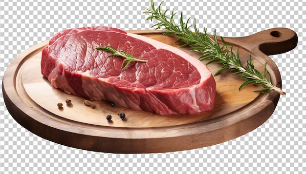 PSD raw beef steak on a cutting board isolated on transparent background