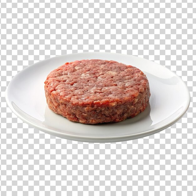 PSD raw burger patties on white plate isolated on transparent background