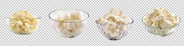 PSD raw cauliflower in glass bowl isolated on transparent background