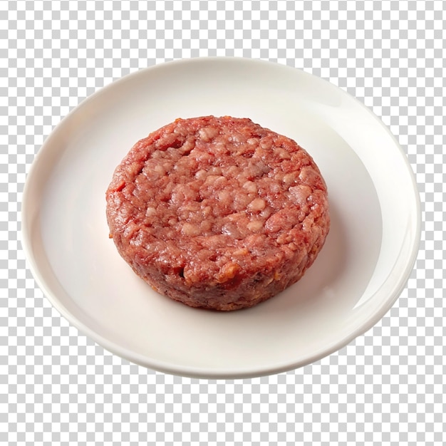 PSD raw hamburger patties on white plate isolated on transparent background