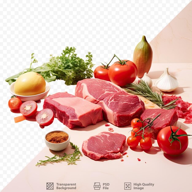 PSD raw meat tomatoes herbs and salad displayed on a white surface