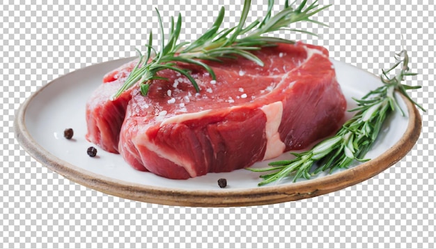 PSD raw meat with rosemary and pepper on a plate isolated on a transparent background