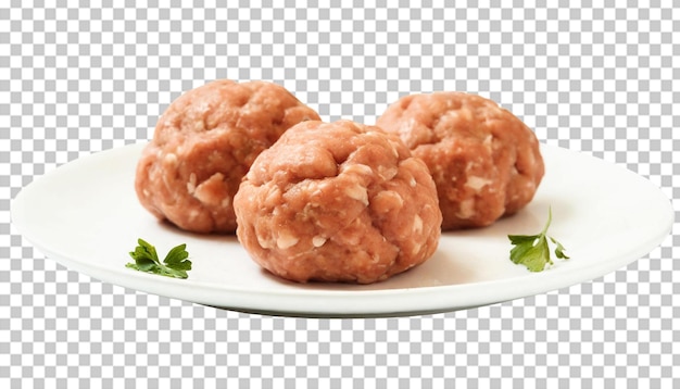 PSD raw meatballs on a white plate isolated on a transparent background