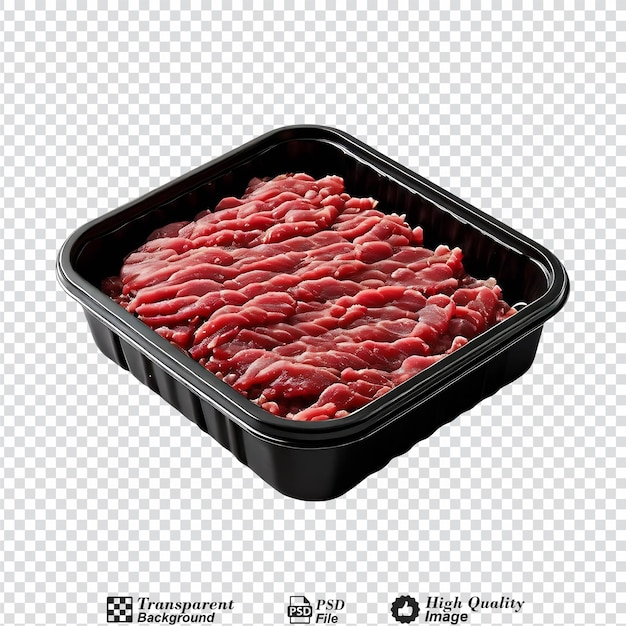 PSD Сырое измельченное мясо в контейнере из черного пластикового подноса, изолированном на прозрачном фоне