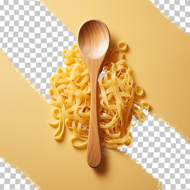 Raw pasta noodles on a transparent background held by wooden spoon