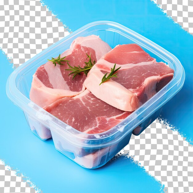 PSD Сырое свиное мясо на деревянном столе в синем пластиковом контейнере