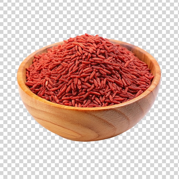 PSD raw red rice in a wooden bowl isolated on a transparent background