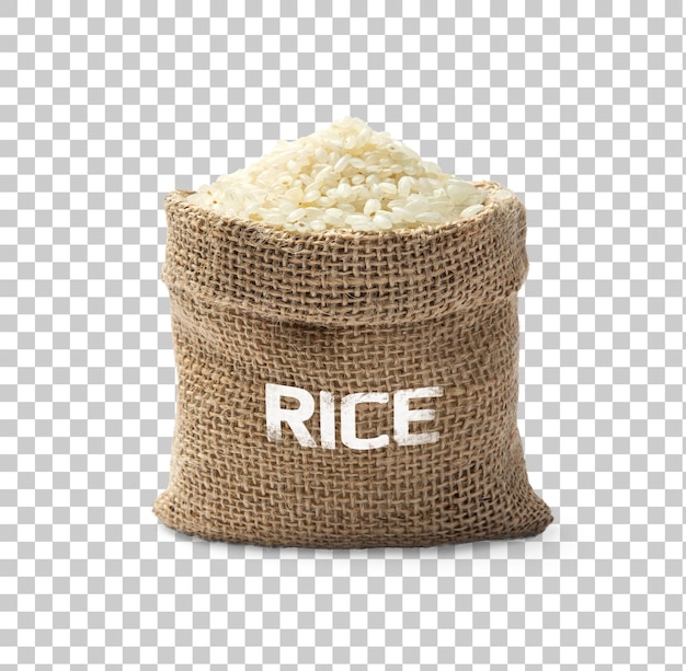 PSD raw rice in sack isolated representing food grains and ingredients in agriculture png transparency with shadow