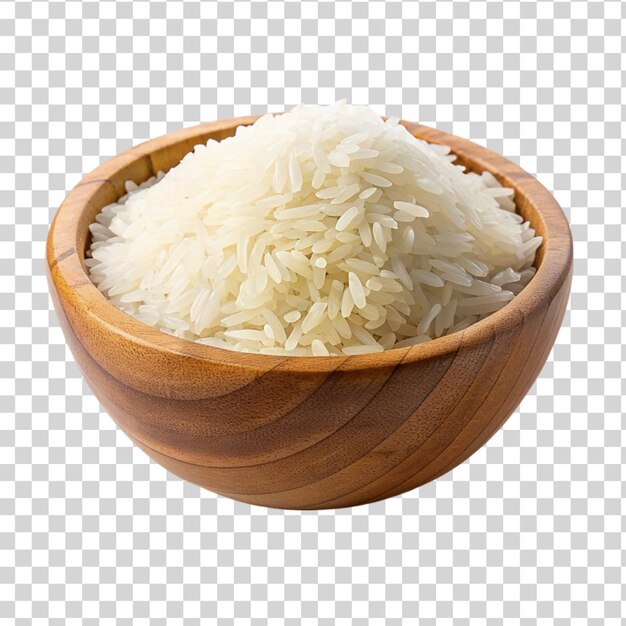 PSD raw rice on wooden bowl isolated on transparent background