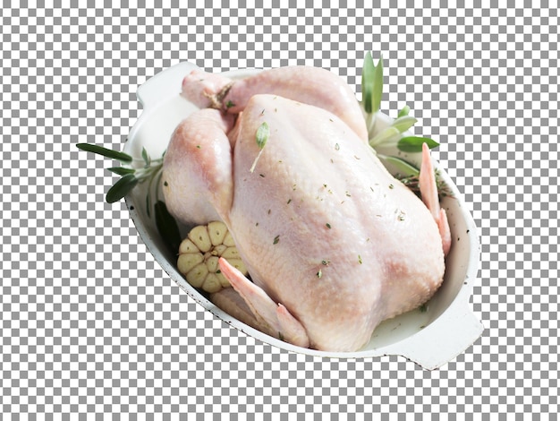 PSD raw whole chicken with herbs in bowl isolated on transparent background