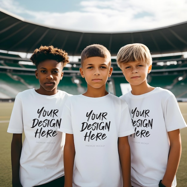 Ready for School PSD Mockup Featuring Kids Wearing White TShirts in an Stadium Background