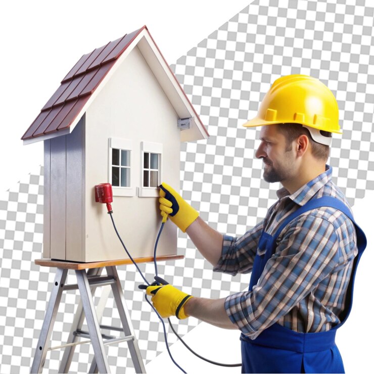 PSD ready to start my work proud attractive electrician with protective gear holding a toolbox and electricity cables