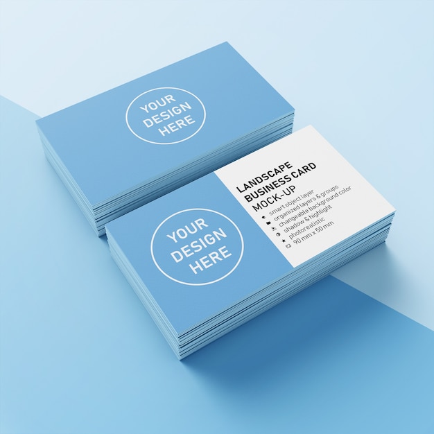 Ready To Use Premium 90x50 mm Two Stack Of Horizontal Business Card Mockup Design Template In Upper Perspective View