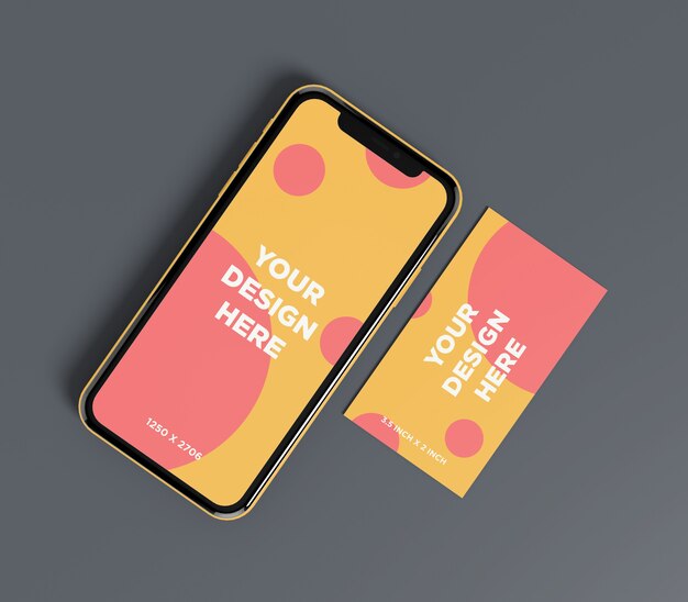 Ready to use smartphone mockup with business card top view