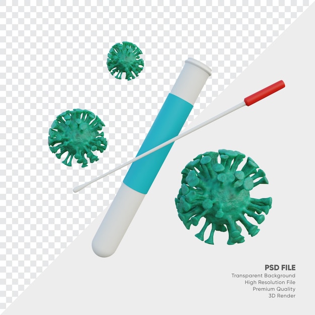 PSD reageerbuis en wattenstaafje met corona virus 3d illustratie