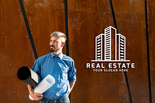 Real estate agent looking away with wooden background