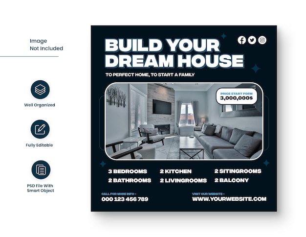 PSD real estate and dream house social media post design template