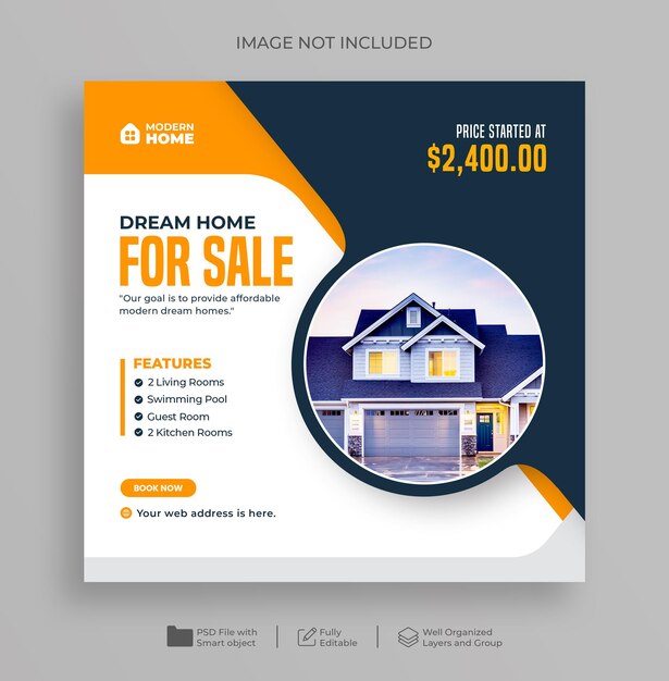 PSD modello di post sui social media e banner web di instagram per la vendita di case immobiliari