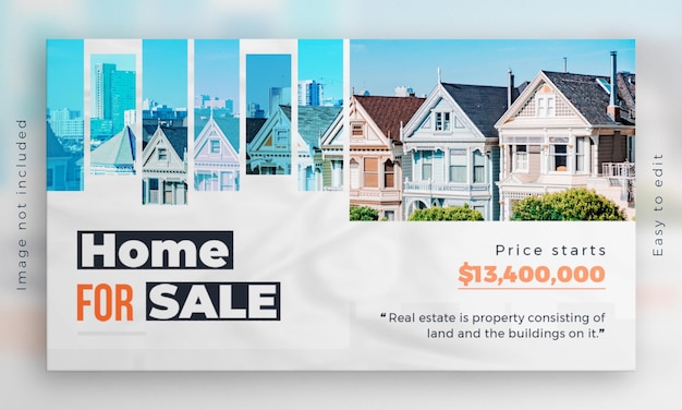 PSD banner web di vendita di case immobiliari e modello di pubblicità con foto di copertina orizzontale di proprietà della casa