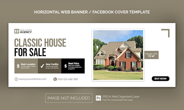 real estate house property horizontal banner or facebook cover advertising template