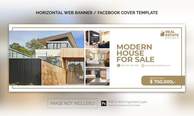 Real estate house property horizontal banner or facebook cover advertising template