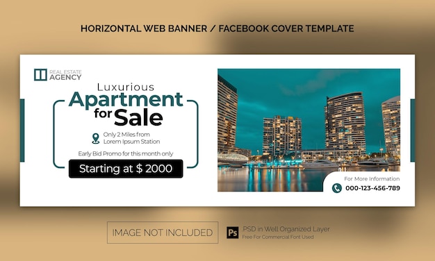 Banner orizzontale per proprietà immobiliari o modello pubblicitario per la copertina di facebook