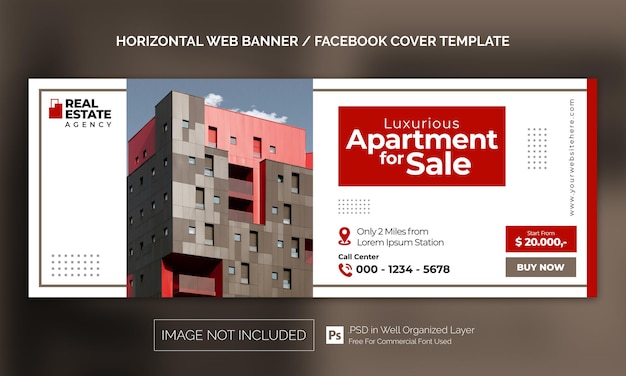 Banner orizzontale per proprietà immobiliari o modello pubblicitario per la copertina di facebook