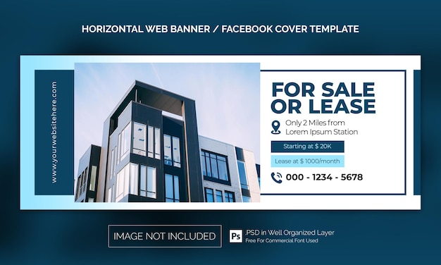 Banner orizzontale per proprietà immobiliari o modello pubblicitario per la copertina di facebook