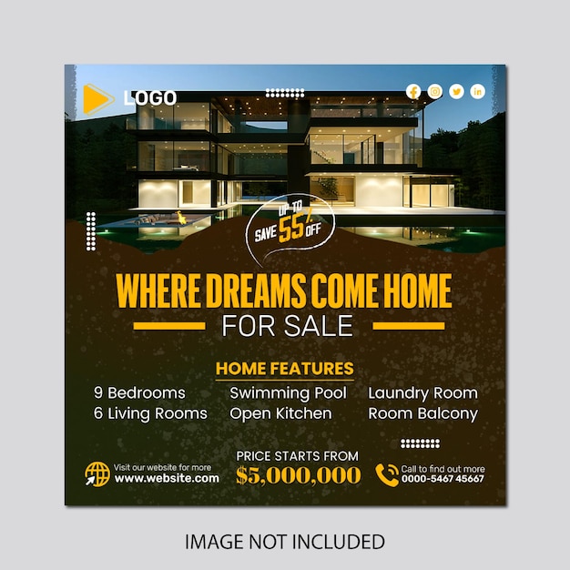 부동산 집 속성 Instagram 게시물 또는 사각형 웹 배너 게시물 디자인 템플릿