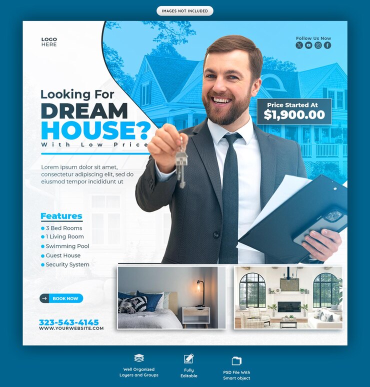 PSD real estate house property instagram post or social media banner template
