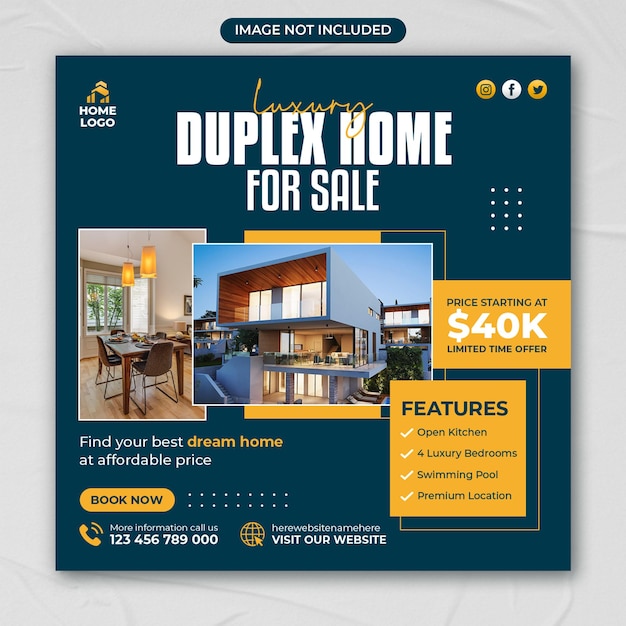 Real estate house property sale square banner or social media post template