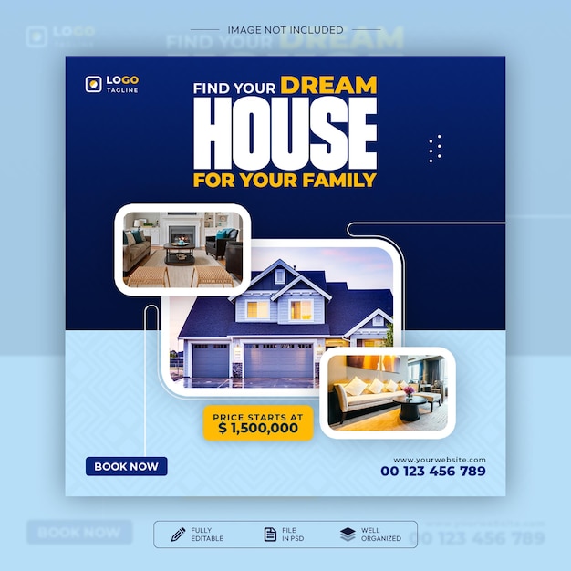 PSD progettazione di banner quadrati o poster di social media per la vendita di proprietà immobiliari