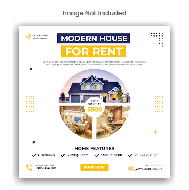 Modello di social media o post di instagram per l'affitto di una casa immobiliare