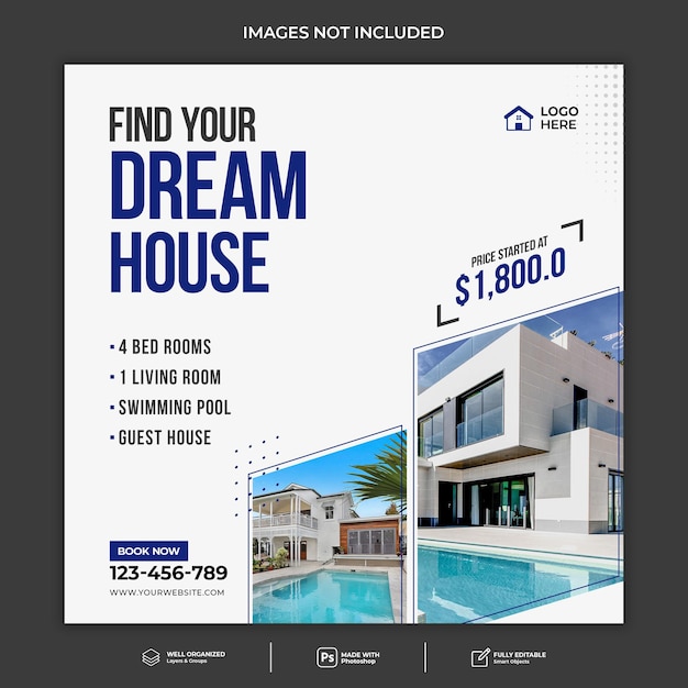 Real estate house social media Instagram post or square banner template