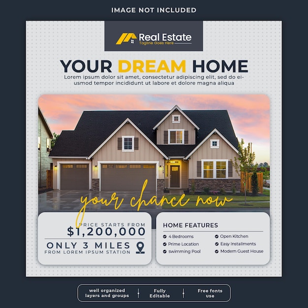 PSD real estate house social media or instagram post or square web banner promo template