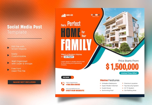 PSD real estate house with a modern home for sale social media post square web banner promotion