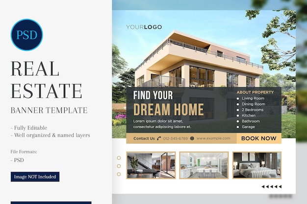 PSD 不動産 ソーシャル メディア投稿デザイン テンプレート オンライン プレゼンスを向上させ、不動産マーケティングを強化します