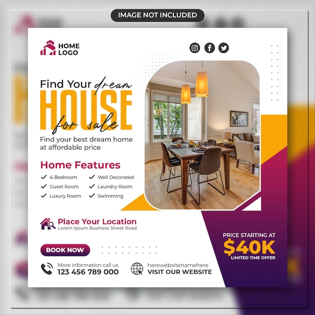 Real estate social media post square flyer modern house property sale banner