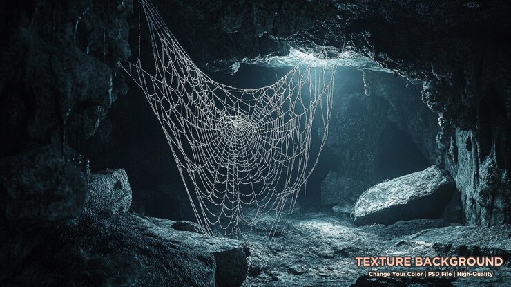 PSD real spiderwebs between the window and a ladder inside a haunted cabin fear horror halloween