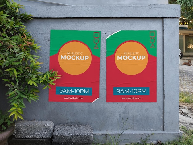 Realistic 2 posters on wall surface mockup psd premium psd