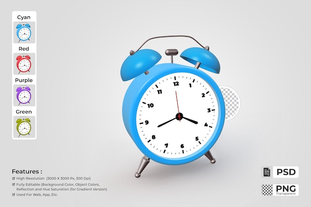 Realistic 3d alarm clock cyan isolated on background