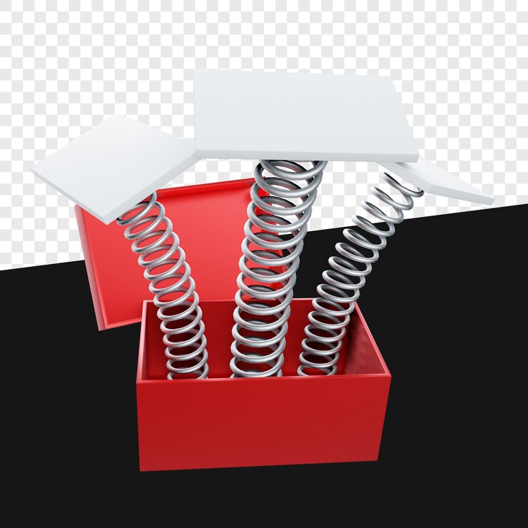 PSD realistic 3d box or gift with steel spiral spring and empty or blank shapes isolated