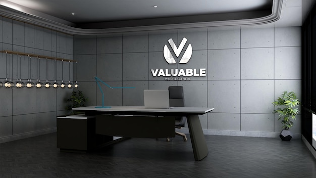 Реалистичный 3d макет логотипа компании в помещении офис-менеджера с интерьером промышленного дизайна