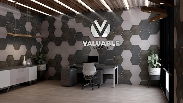 Реалистичный 3d макет логотипа компании в офисе офис-менеджера с роскошным дизайном интерьера