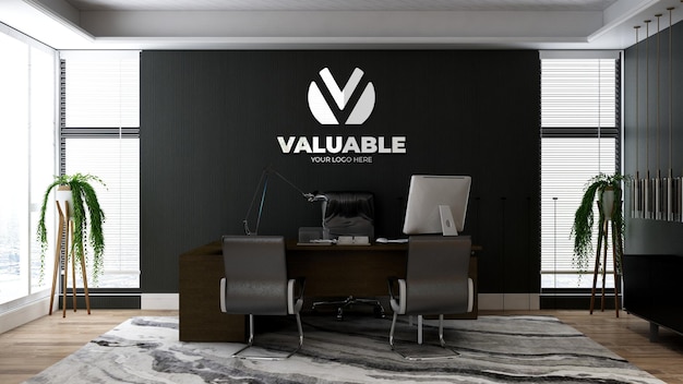 Realistic 3d company logo mockup in office manager space with luxury design interior