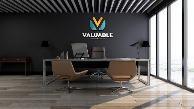 mockup del logo aziendale 3d realistico nello spazio del manager dell'ufficio con interni di design di lusso