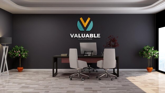 Realistic 3d company logo mockup in office manager space with luxury design interior