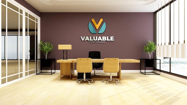 Mockup realistico del logo aziendale 3d nello spazio del manager dell'ufficio con interni di design di lusso