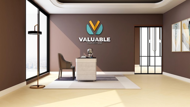 豪華なデザインのインテリアとオフィスマネージャースペースで現実的な3D会社のロゴのモックアップ