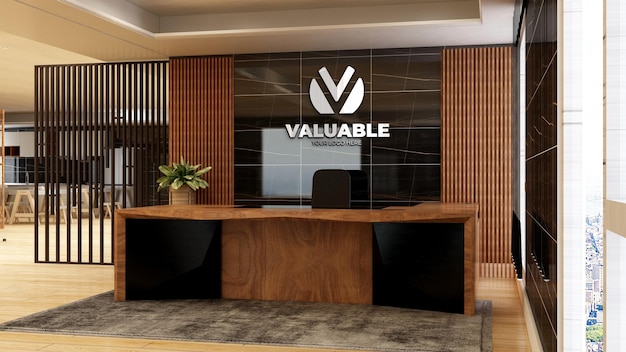 PSD realistic 3d company logo mockup in the wooden office receptionist room luxury desing interior